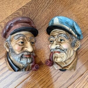 Vintage Ceramic Fisherman Captain Wall Decor Set Made‎ in Japan Pipes Smoking